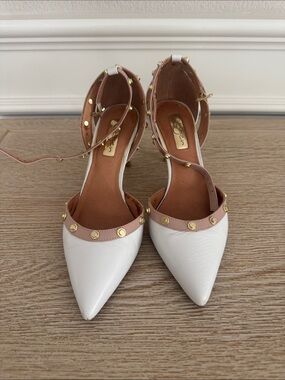 Halogen White Pointed Toe Ankle Strap Flats with Stud Trim